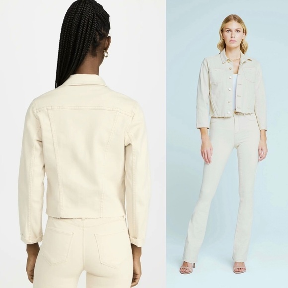 NWT L'AGENCE 90s Ivory Distressed Stretch Denim Raw Hem Crop Slim Jean Jacket S - Picture 4 of 16